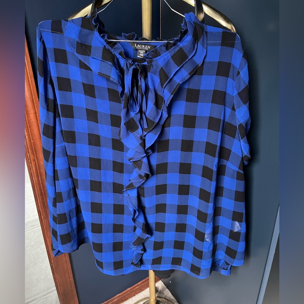 Lauren Ralph Lauren Blue and Black Plaid Ruffle Tie Neck Blouse- Size 3x
